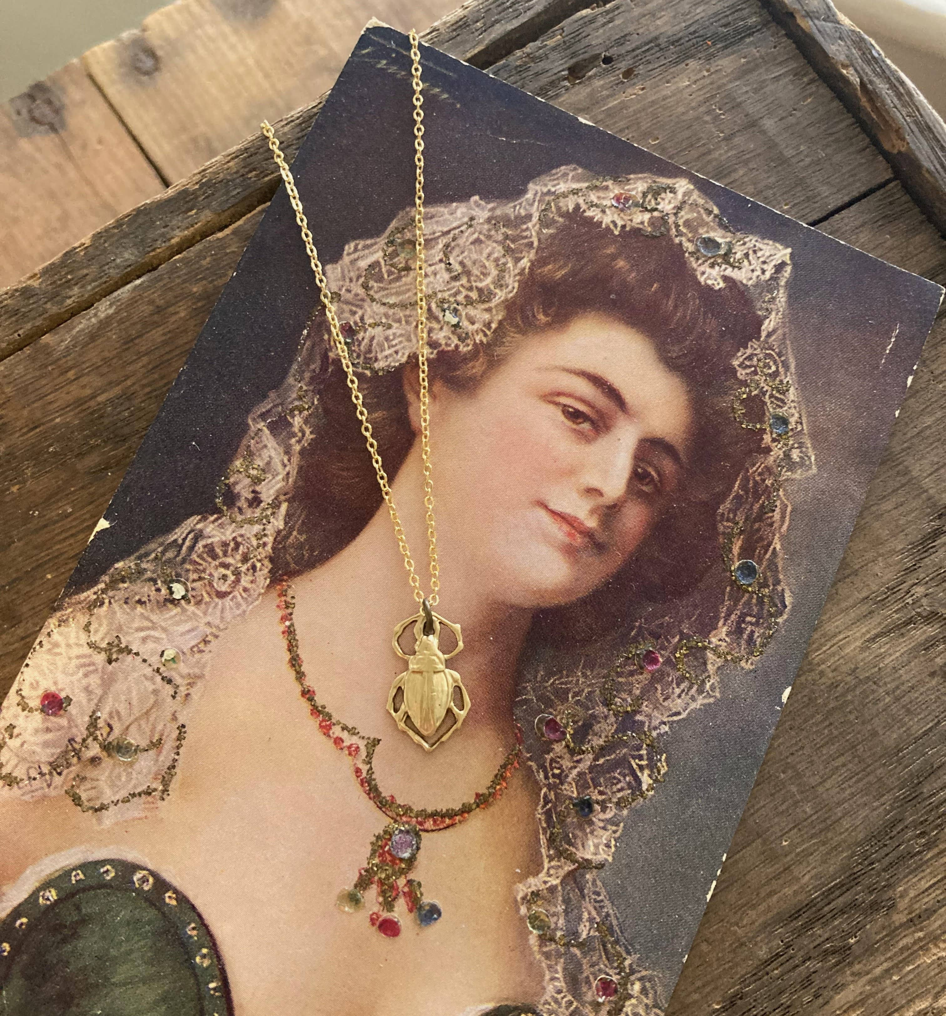 Tiny Brass Beetle Bug Charm Necklace