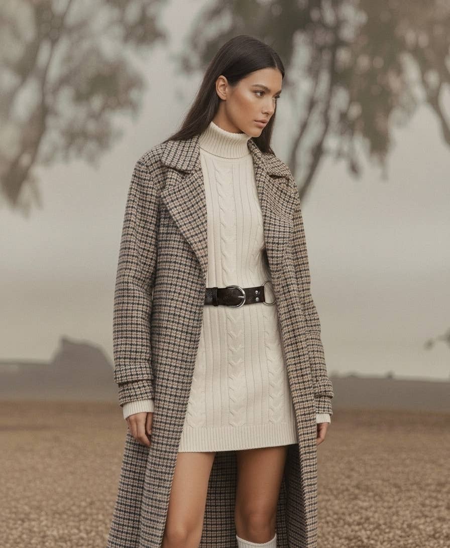A woman stands outdoors wearing a long beige and black plaid coat over a cream cable-knit turtleneck sweater and matching knit mini skirt, cinched at the waist with a black belt.