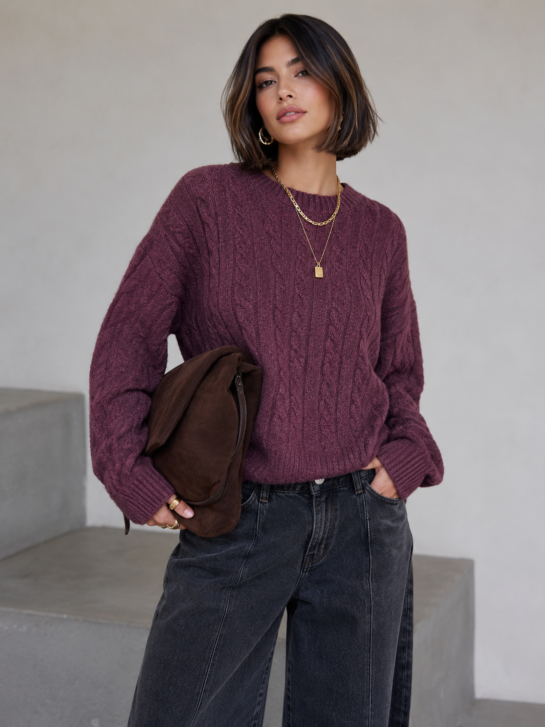 Signature Cable Knit Sweater - Wine