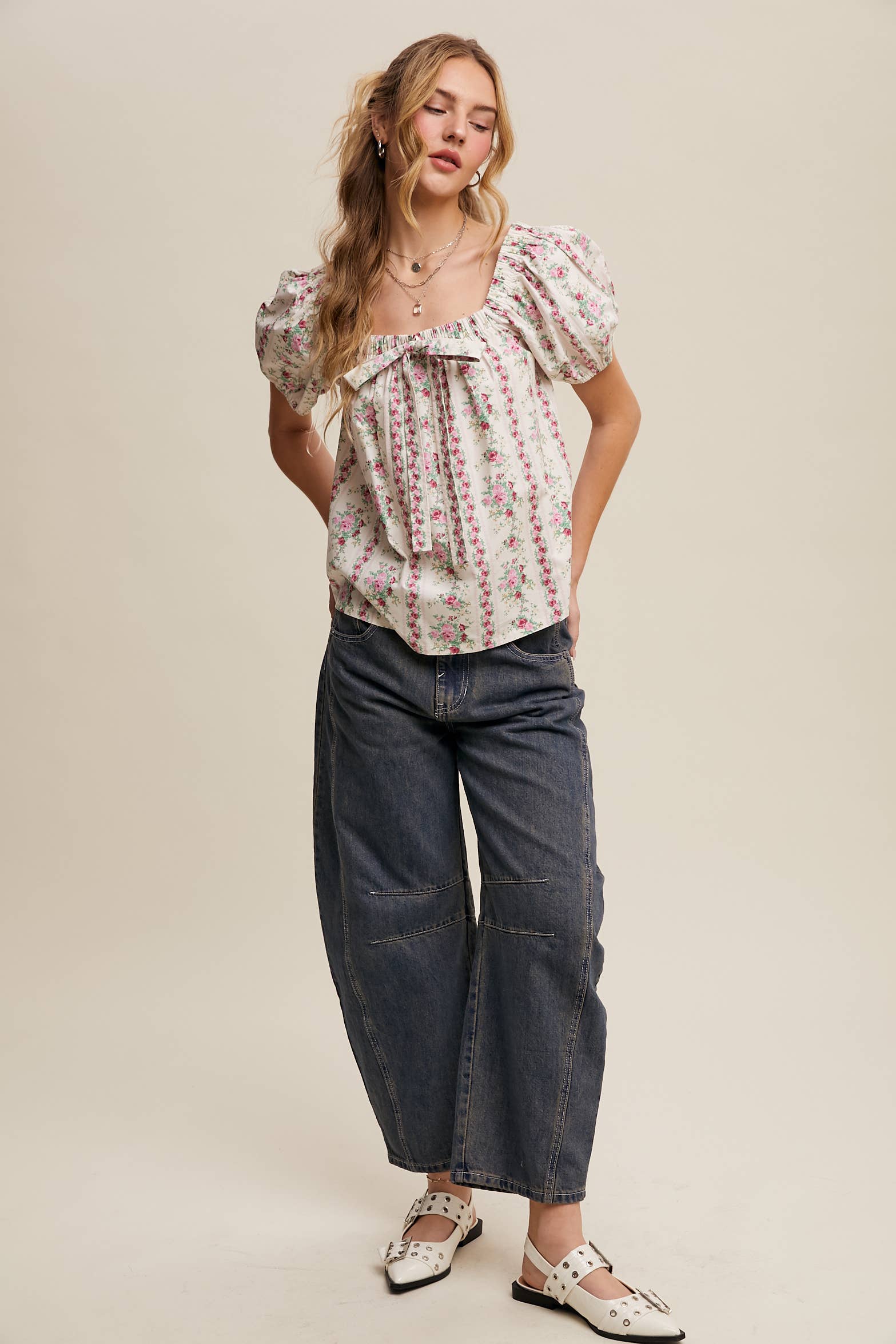 Pink Flower Floral Puff Sleeve Blouse