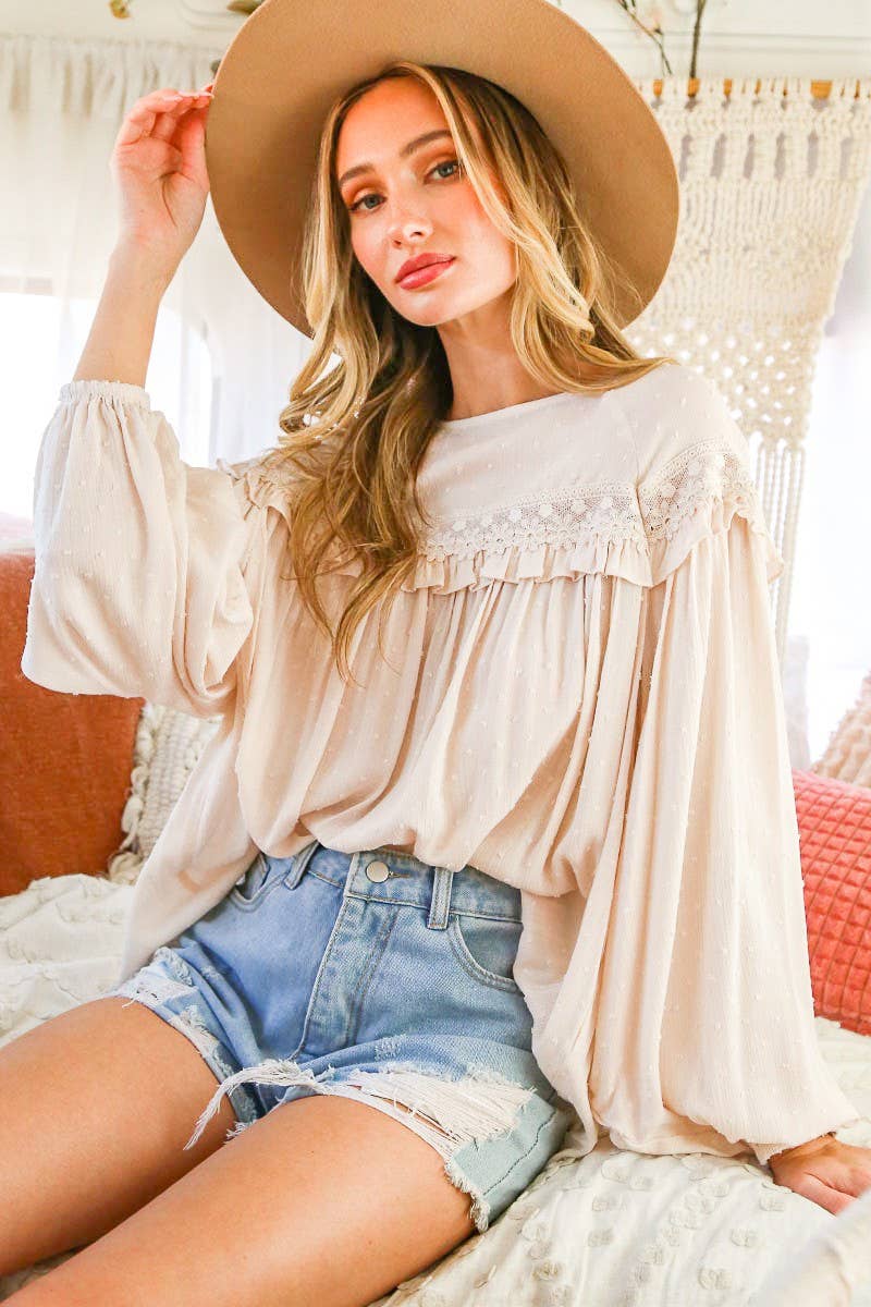Swiss Dot Lace-Up Patterned Blouse