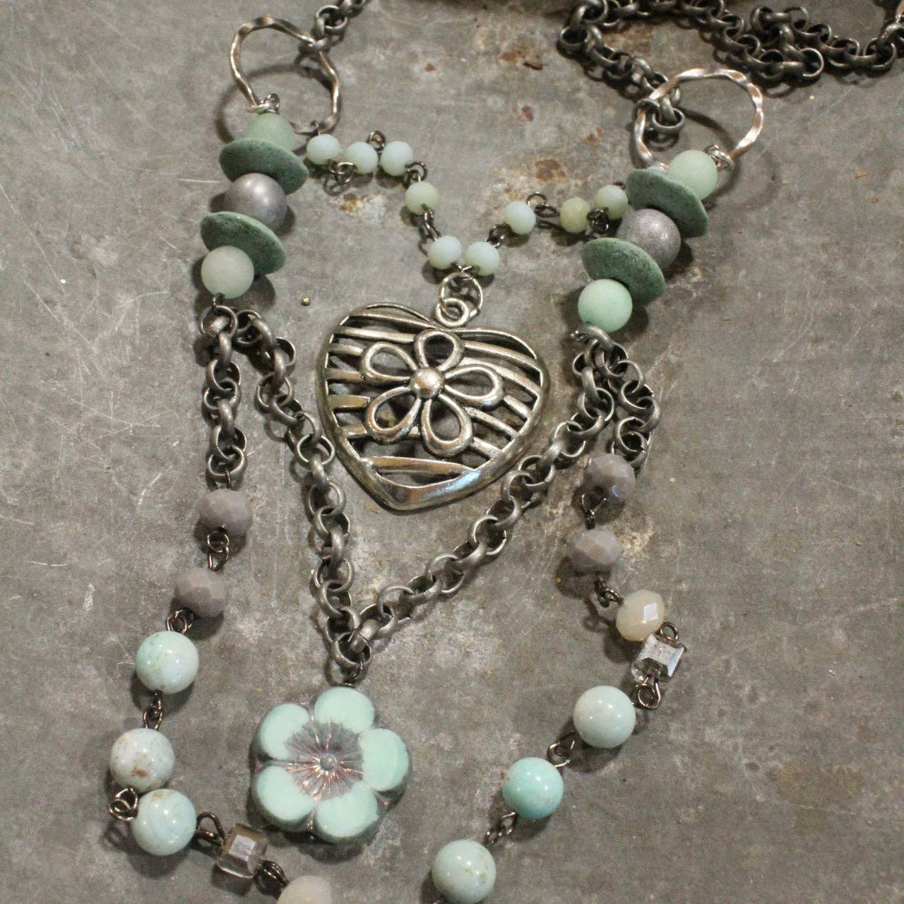Platinum Heart Flower Pendant With Layers Of Mint Stone & Glass Czech Necklace