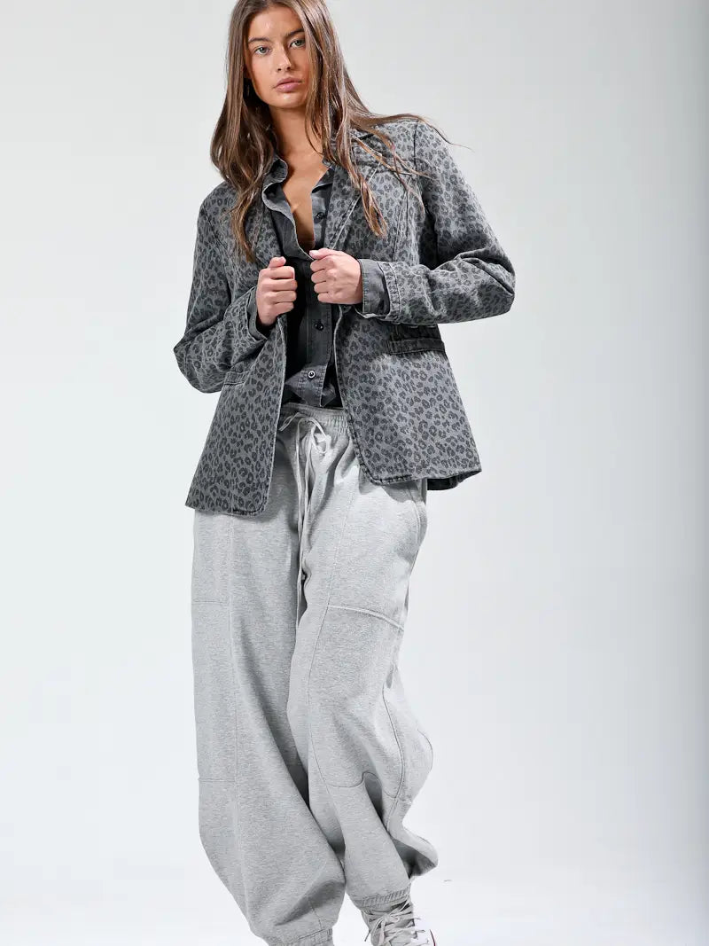 Leopard Print Single-Button Casual Denim Blazer