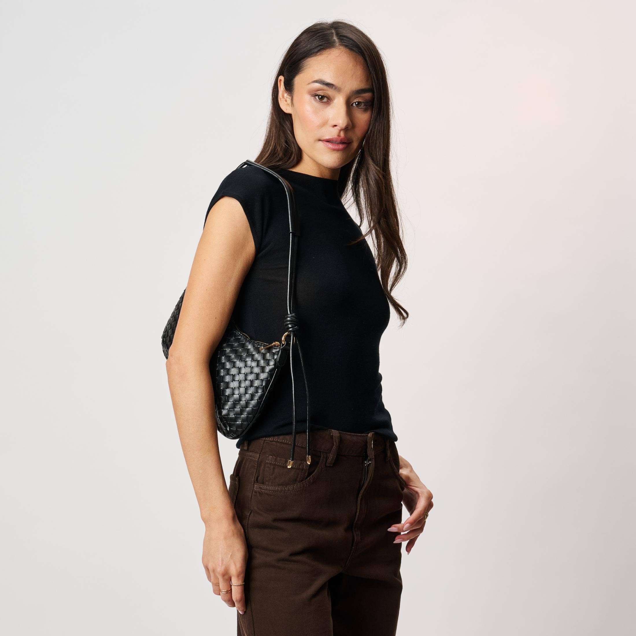 Cindy Woven Crescent Shoulder Bag in Black by Moda Luxe