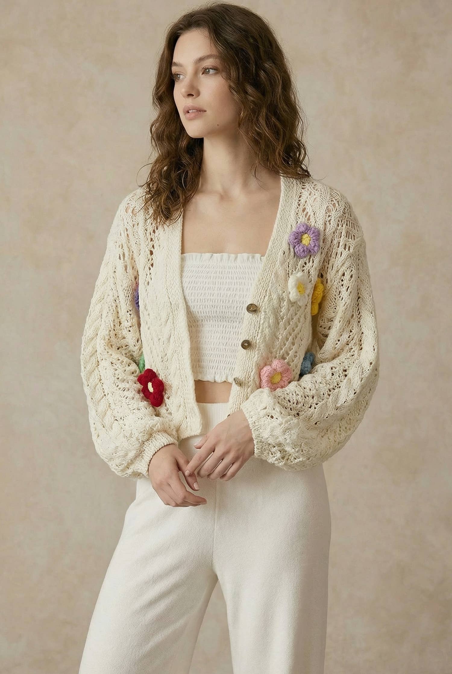 Flower Power cardigan open style - button-front crochet cardigan showing versatile layering options