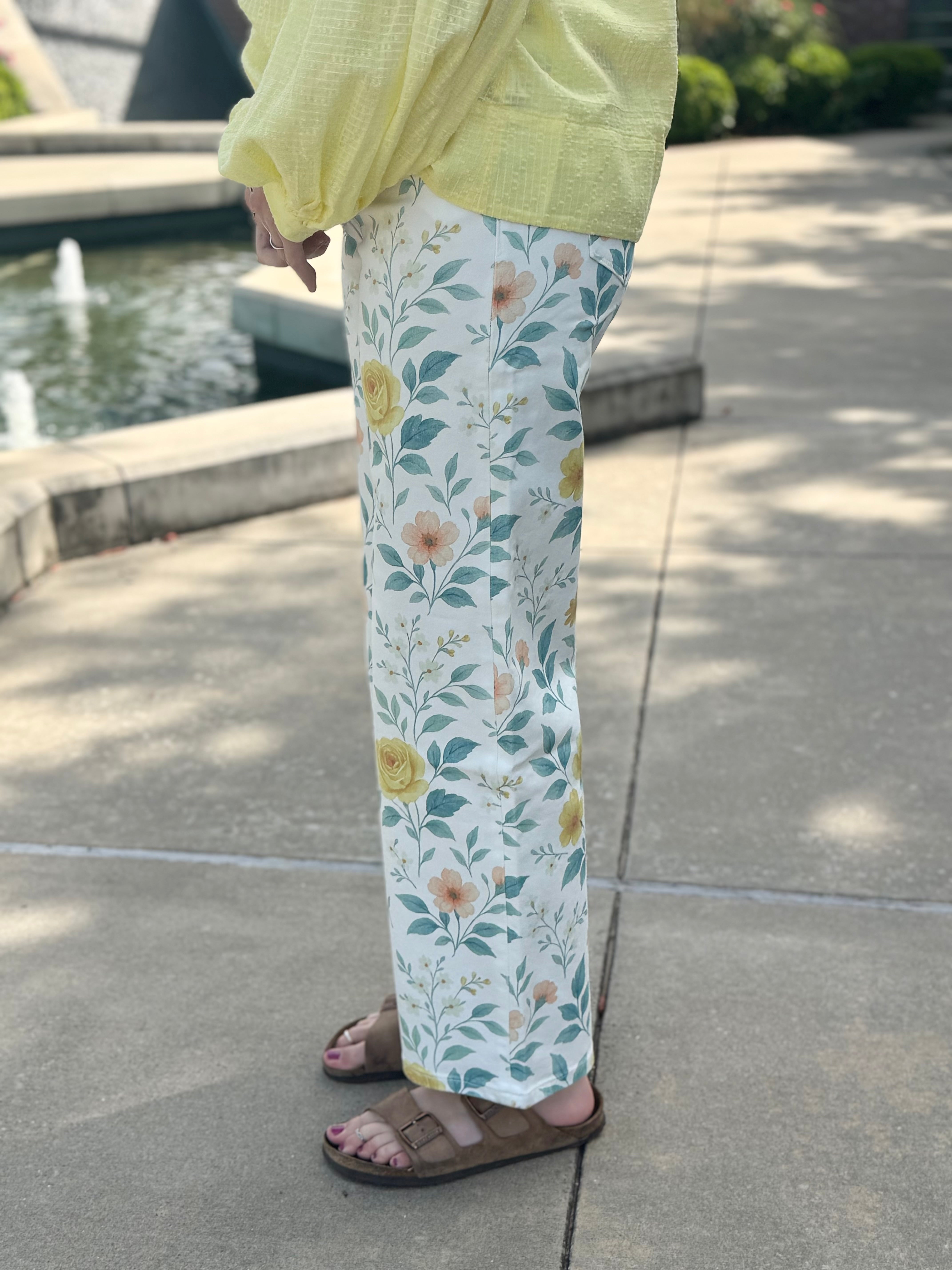 Side view Flora Watercolor Jean – wide-leg watercolor bloom print, close up, boho-luxe style, Spirit & Wind Boutique from Bayeas Jeans