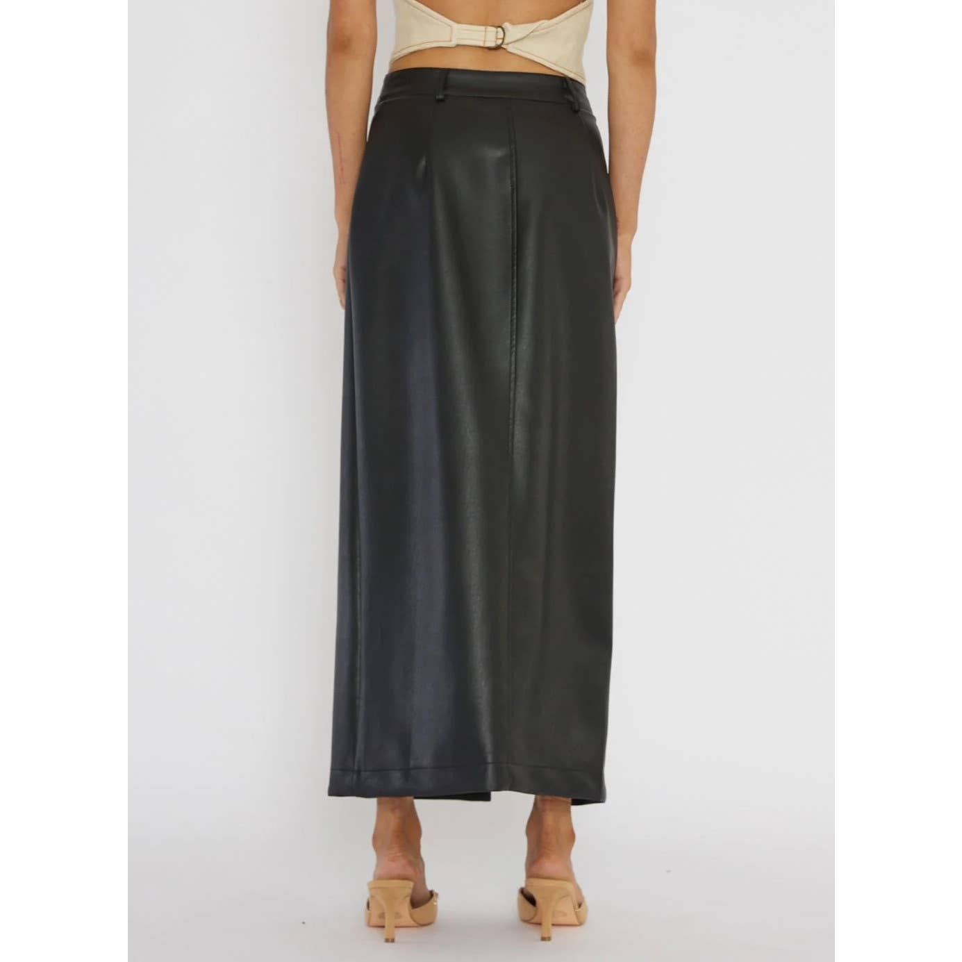 Back view- Black faux leather maxi skirt with snap-button high slit