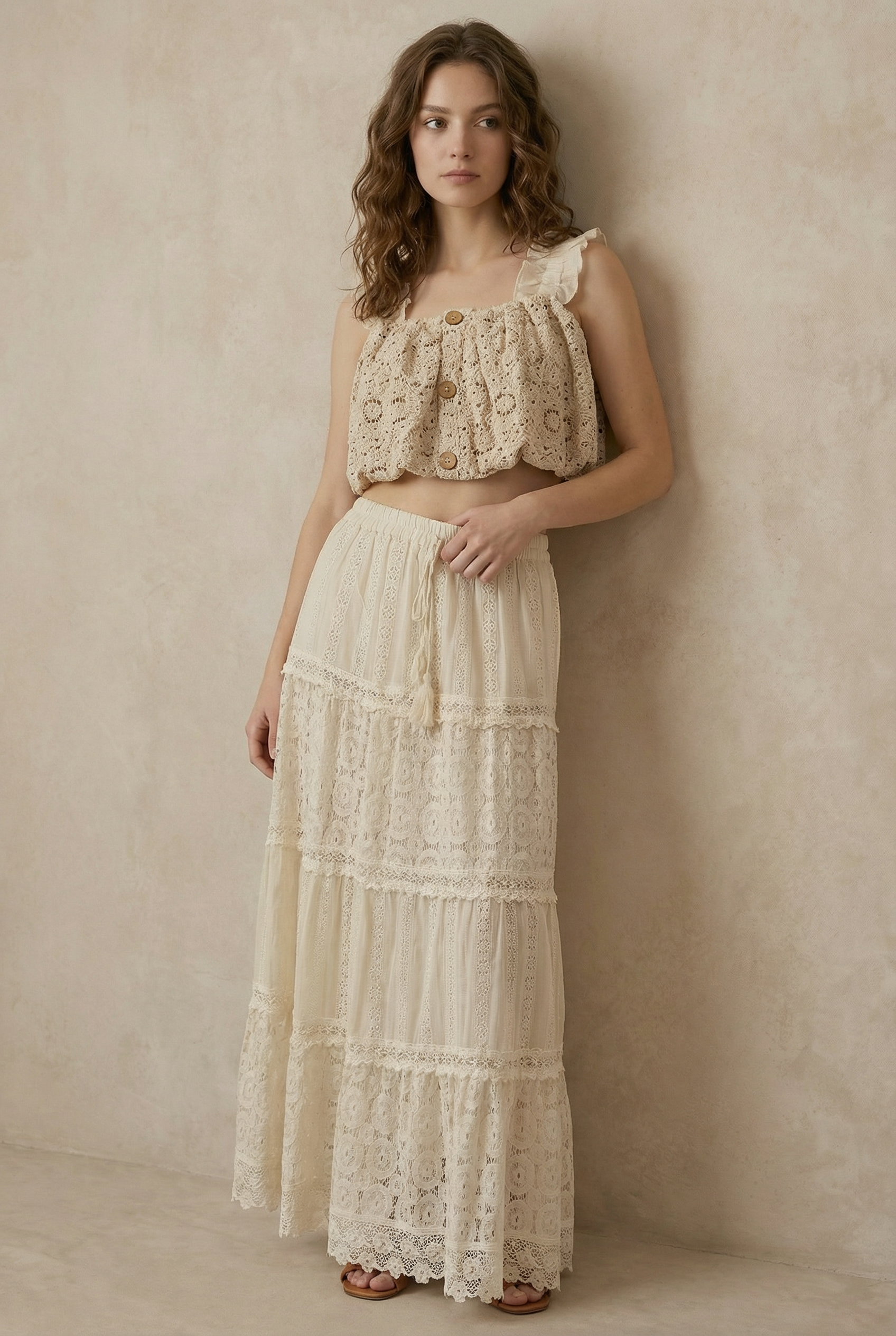 Bohemian lace crop top detail - close-up of exquisite sleeve design with delicate lace pattern