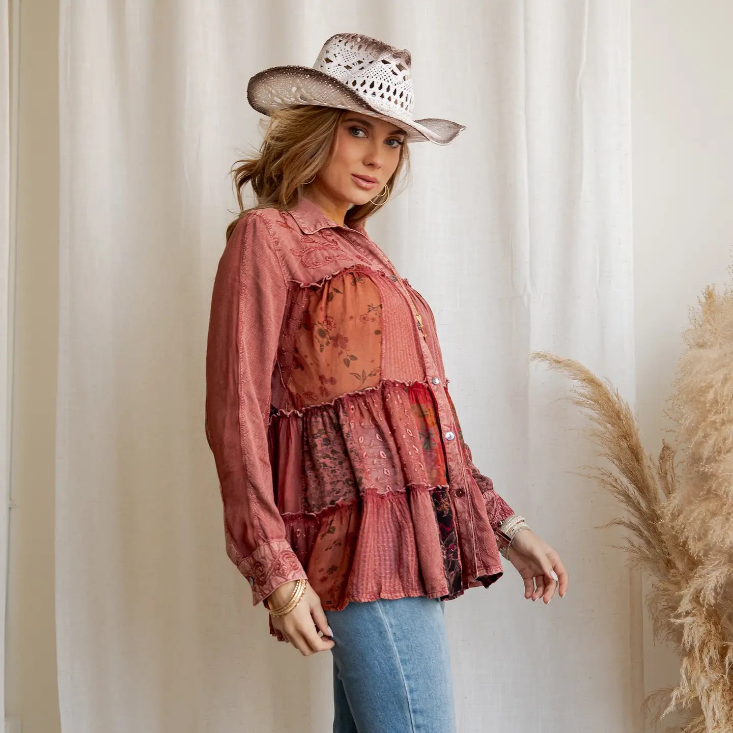 Boho Patchwork Knit Tiered Top