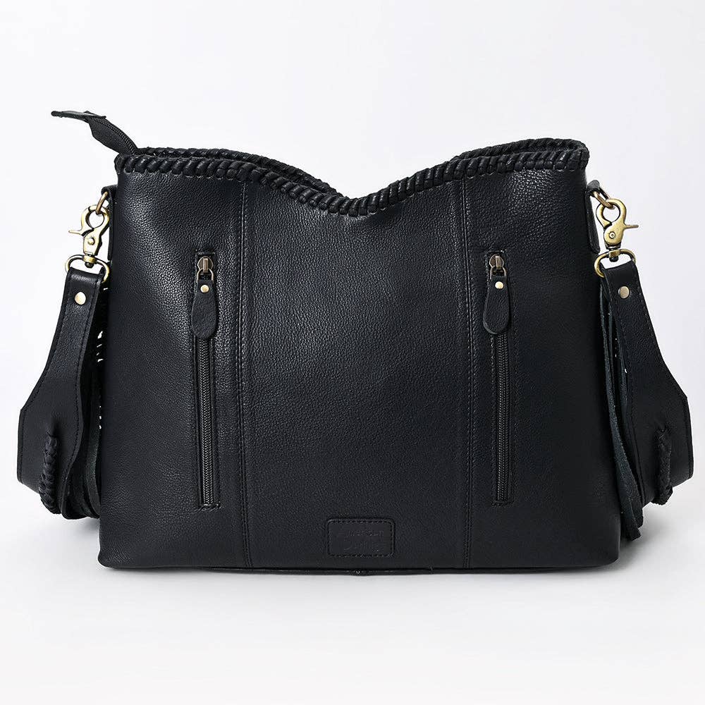 Black pebbled leather shoulder bag with braided trim along the top, two vertical zippered pockets, and a detachable shoulder strap with gold-tone hardware, shown on a white background.