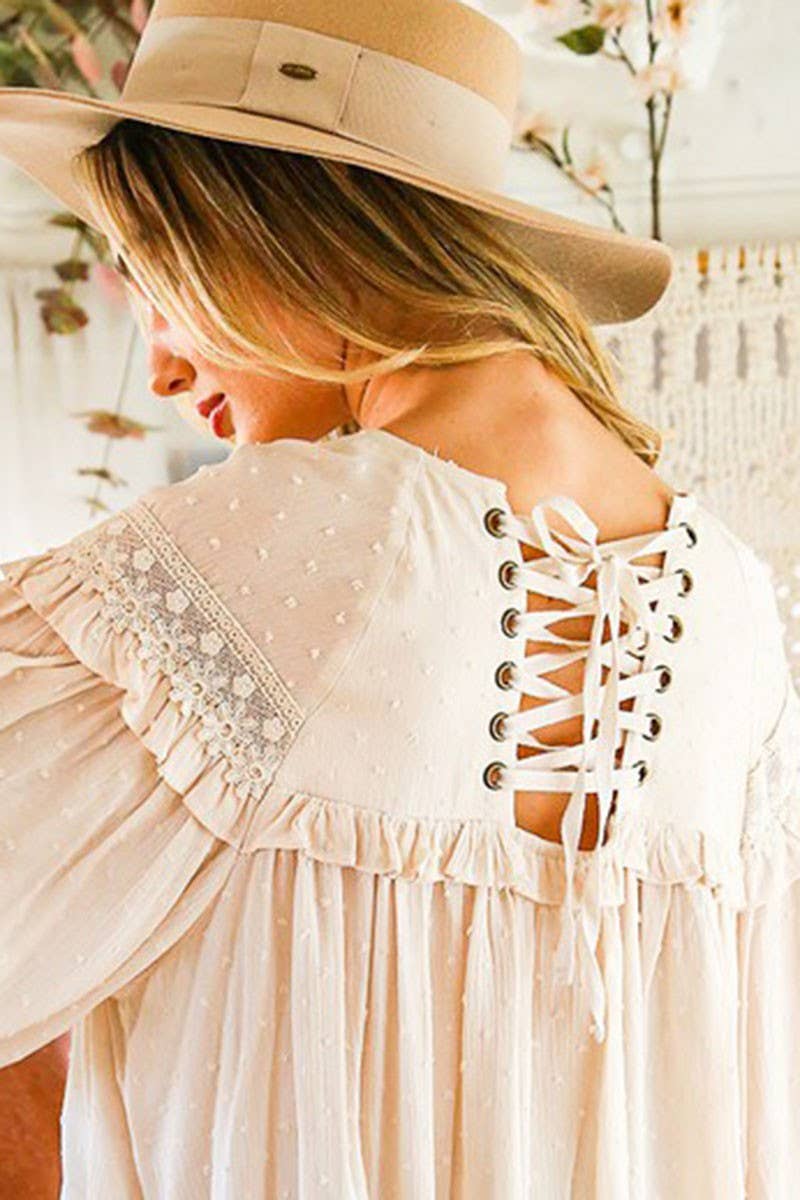 Swiss Dot Lace-Up Patterned Blouse