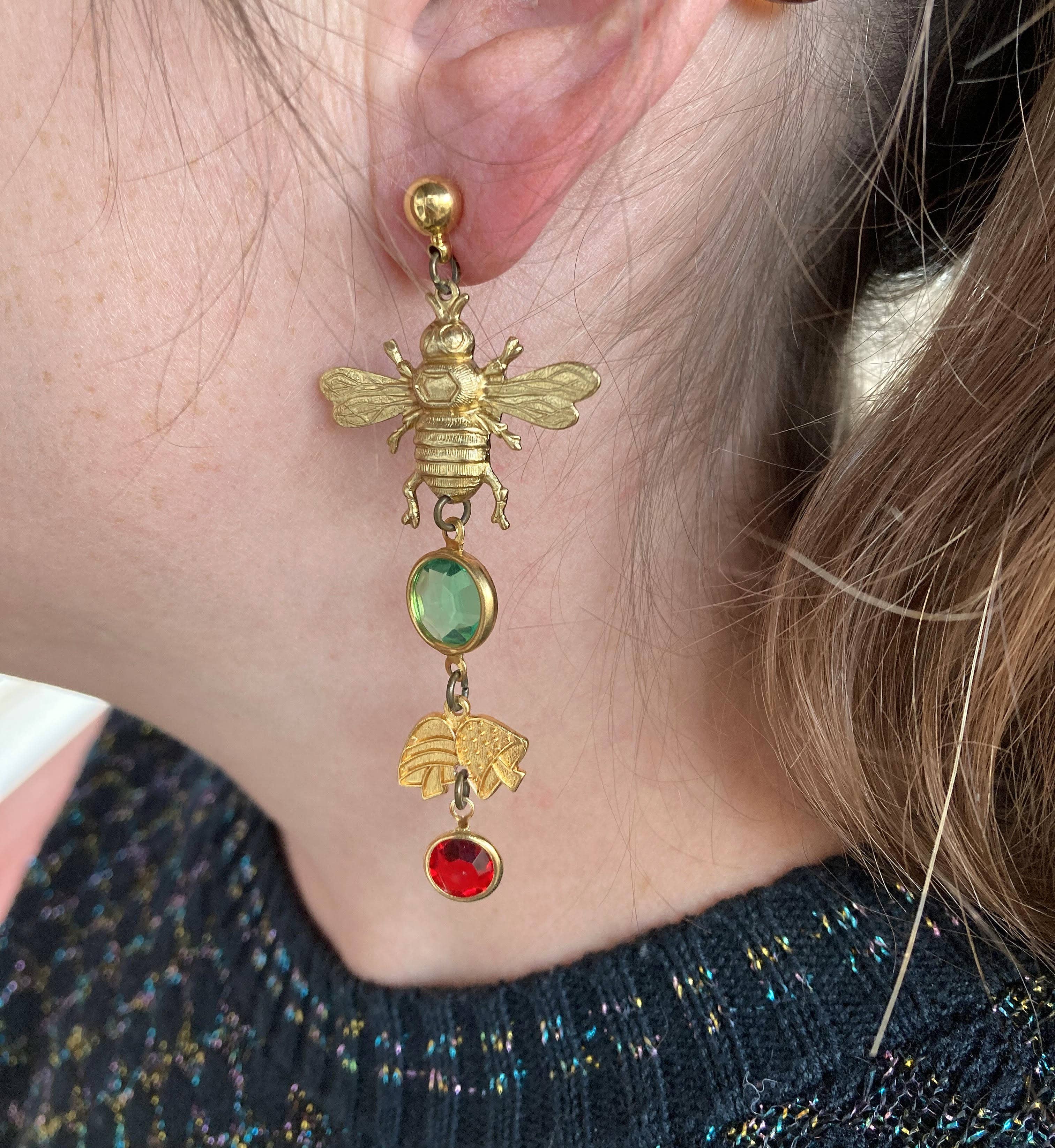 Nature Study Brass & Crystal Charm Earrings