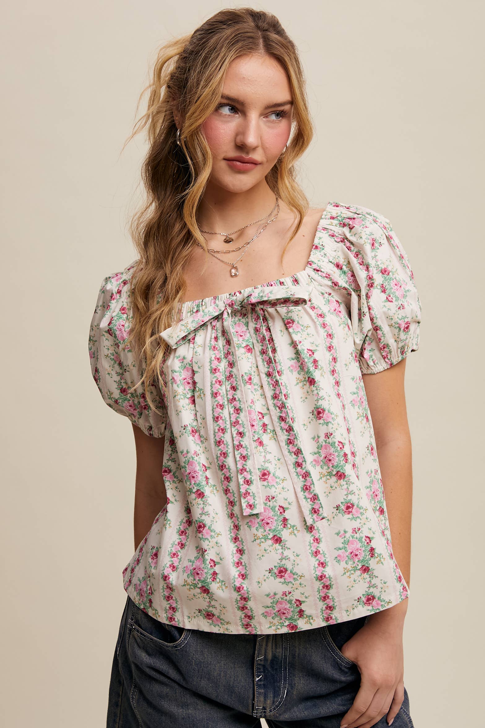 Pink Flower Floral Puff Sleeve Blouse