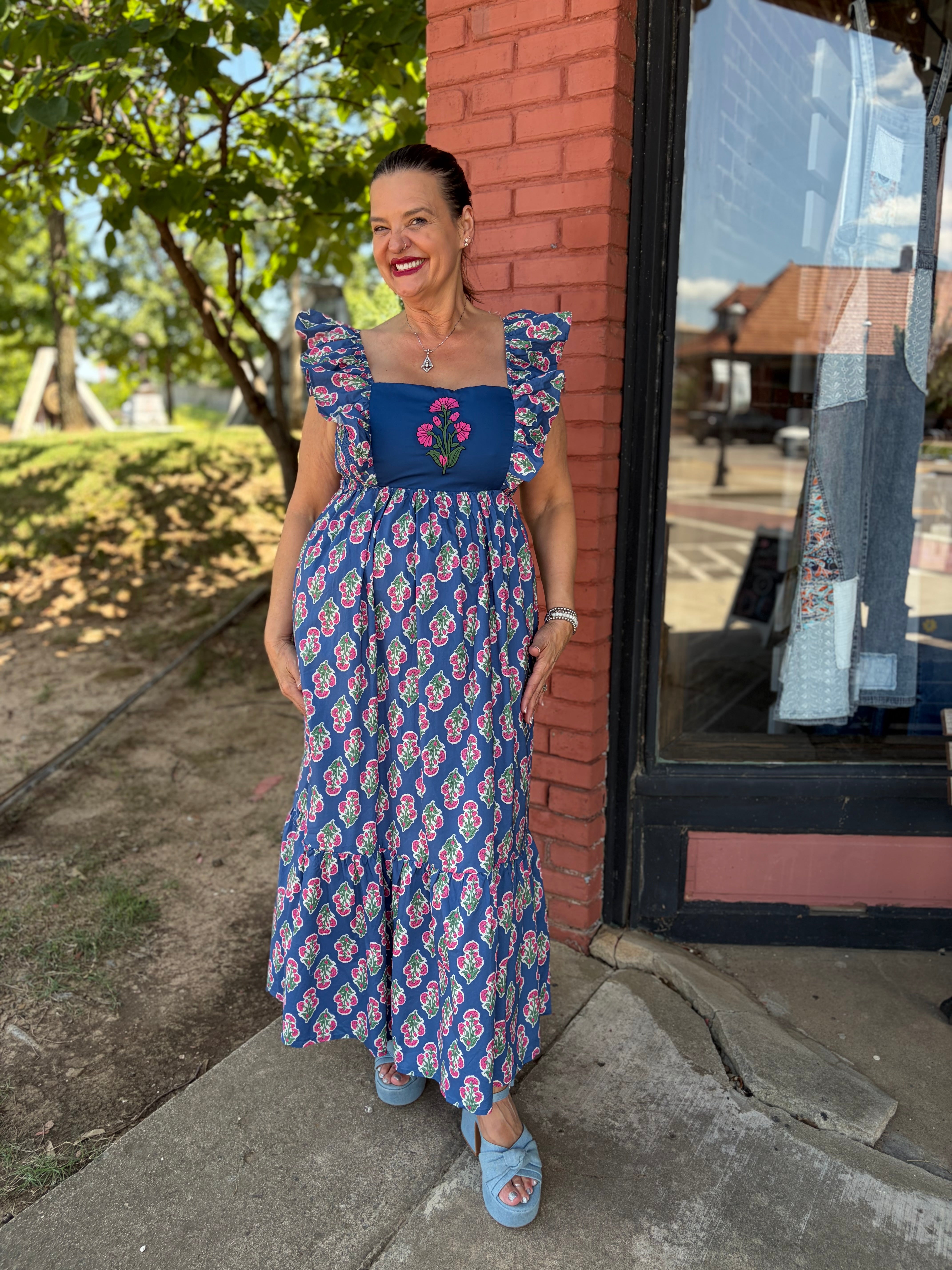 Botanical Ruffle Sleeve Midi Dress front full length view