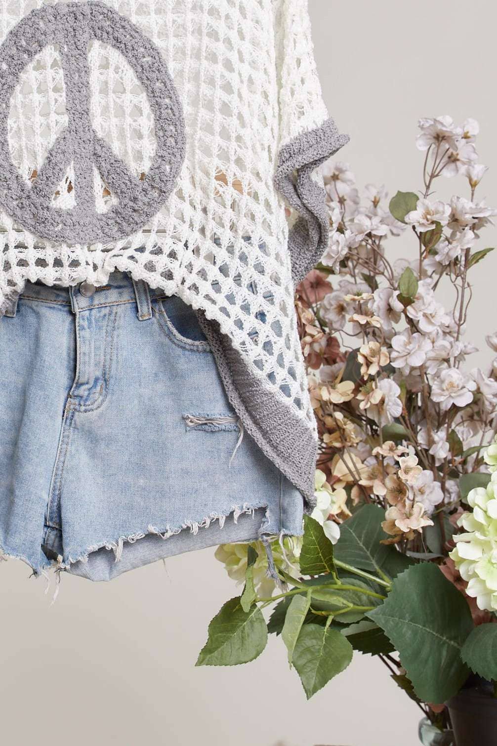 Crochet V Neck Knit Top with Peace Patch