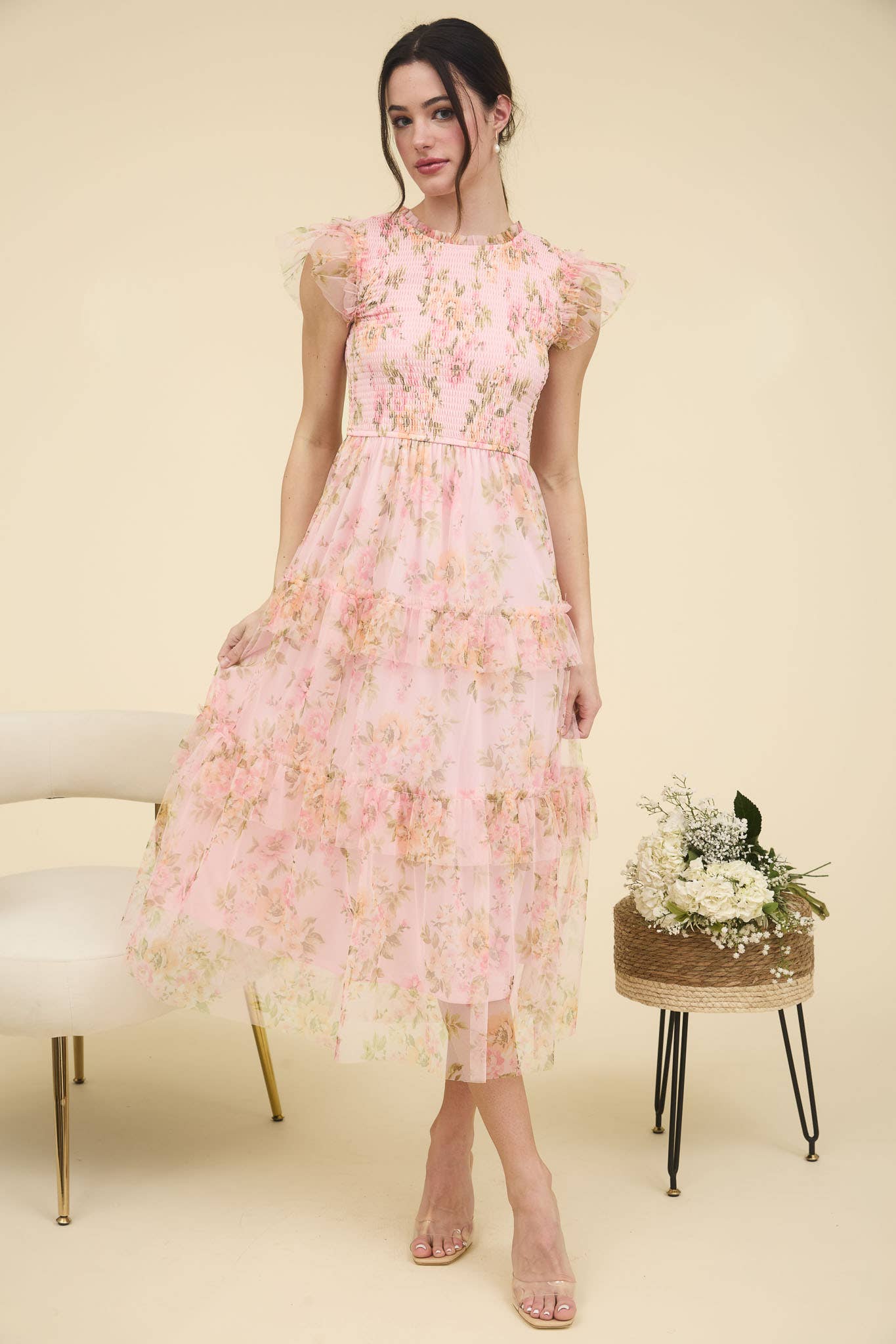 Pink Floral Smocked Ruffle Tiered Maxi Dress