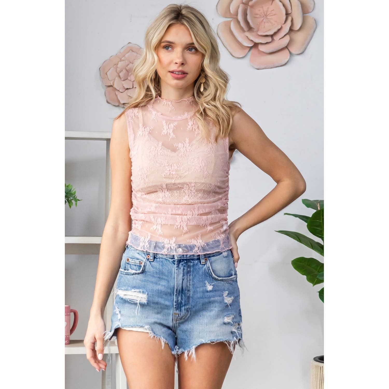 Soft Pink Lace Sleeveless See Through Top