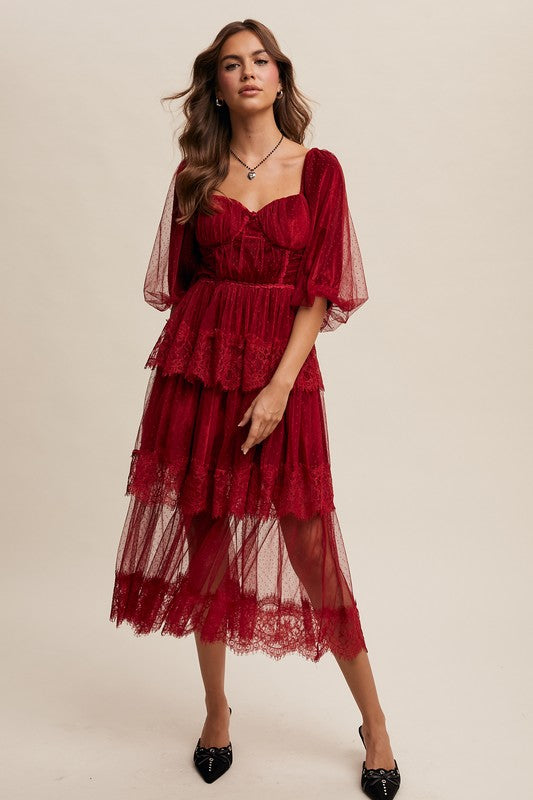 Burgundy tiered lace midi dress with sweetheart bust and fitted waist