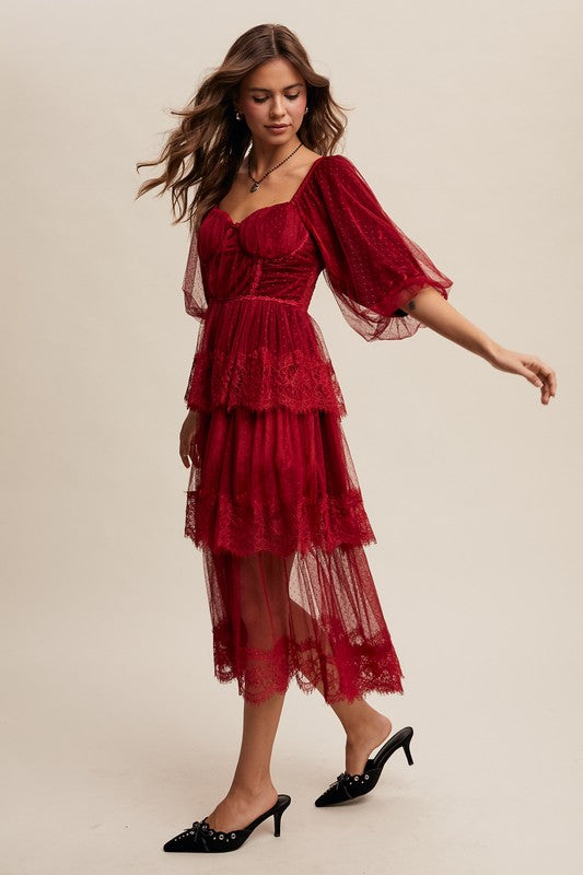 Burgundy tiered lace midi dress with sweetheart bust and fitted waist