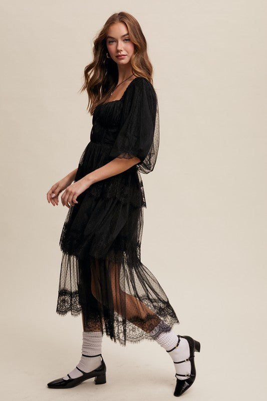 Cottagecore black lace midi—sweetheart neckline, puff sleeves, layered tiers