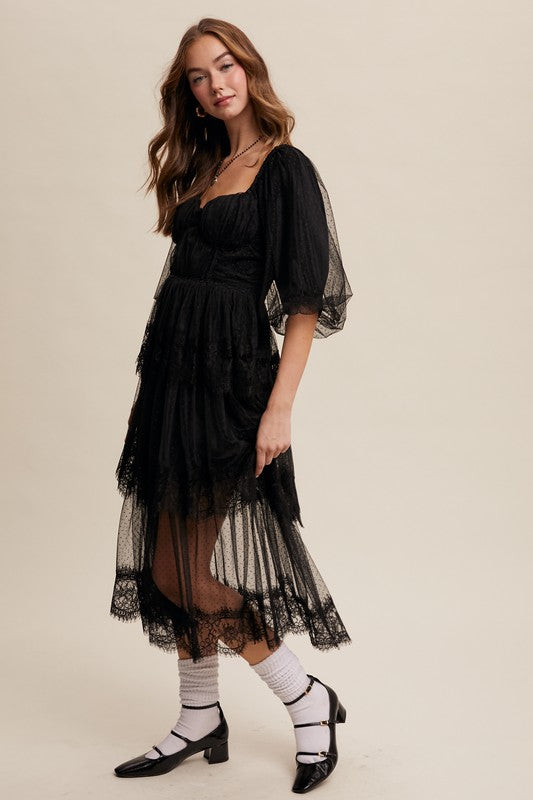 Cottagecore black lace midi—sweetheart neckline, puff sleeves, layered tiers