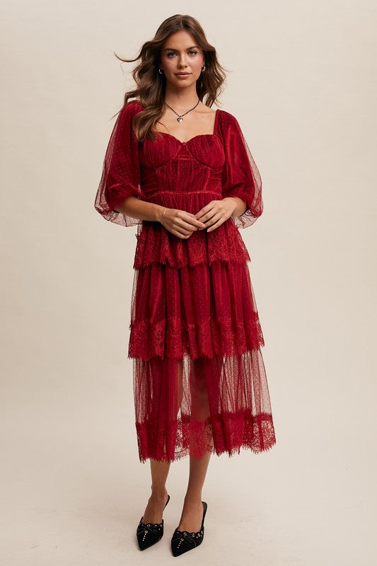 Burgundy tiered lace midi dress with sweetheart bust and fitted waist