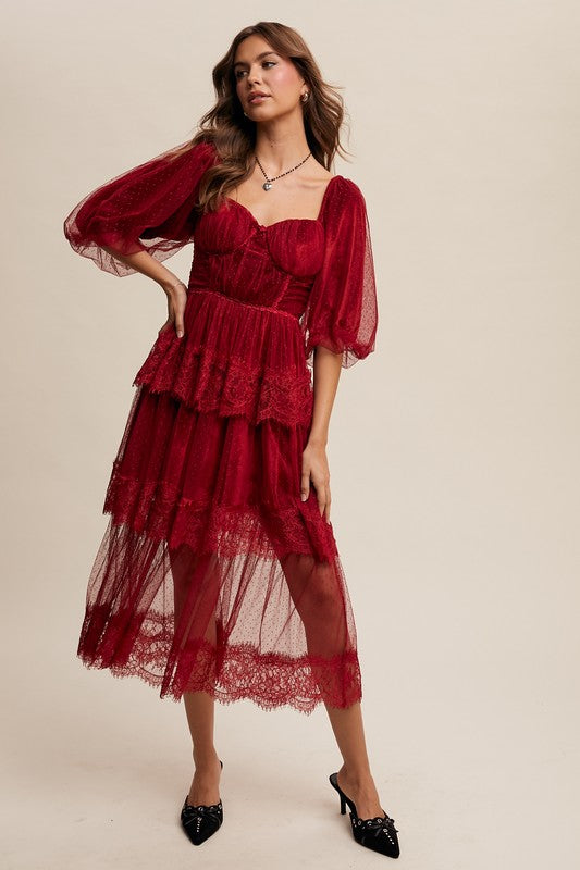 Burgundy tiered lace midi dress with sweetheart bust and fitted waist