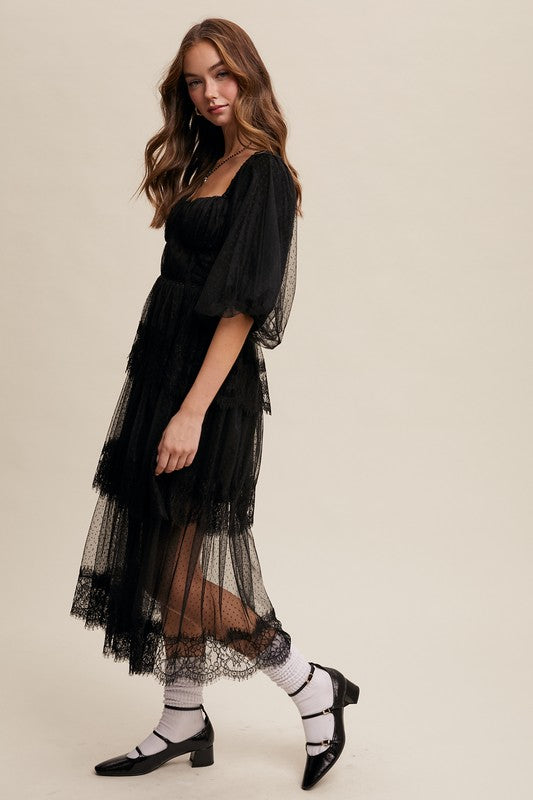 Cottagecore black lace midi—sweetheart neckline, puff sleeves, layered tiers
