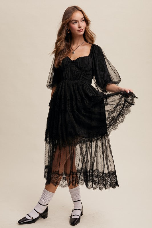 Cottagecore black lace midi—sweetheart neckline, puff sleeves, layered tiers