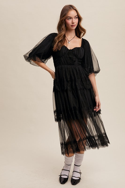 Cottagecore black lace midi—sweetheart neckline, puff sleeves, layered tiers