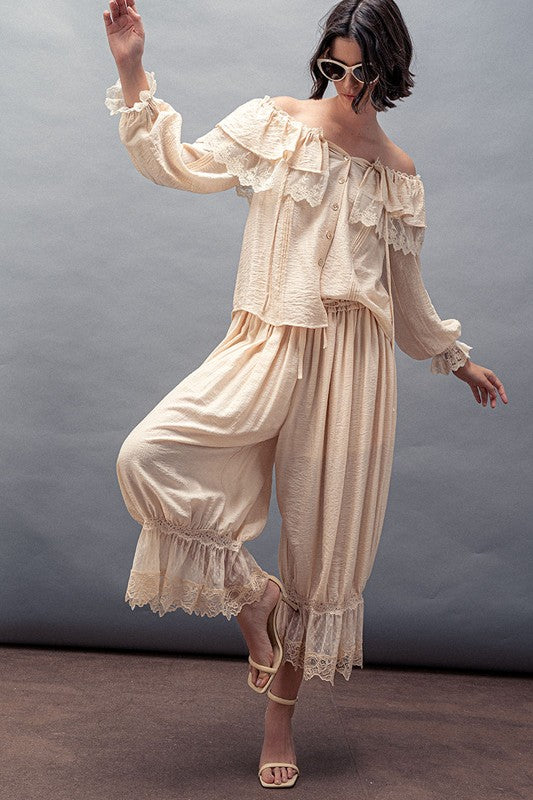 Cream boho lace ruffle off-shoulder blouse with button-down front and billowy sleeves