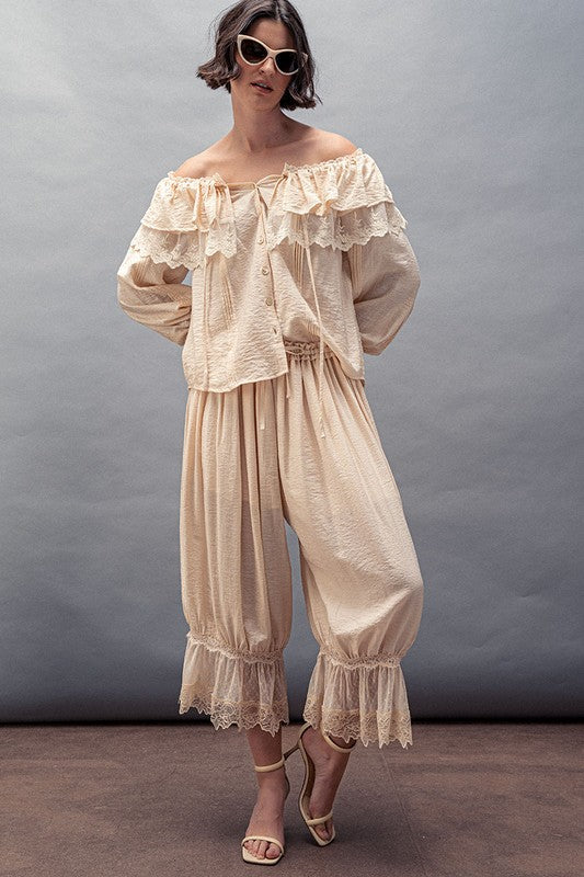 cream boho lace ruffle off-shoulder blouse with button-down front and billowy sleeves