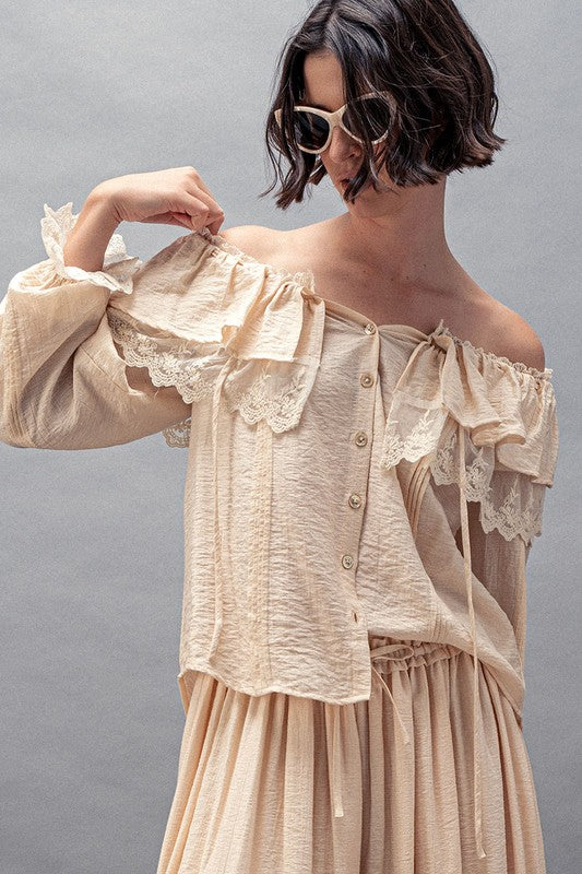 Cream boho lace ruffle off-shoulder blouse with button-down front and billowy sleeves