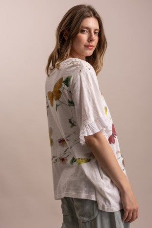 Botanical Butterfly Ruffle Sleeve Top