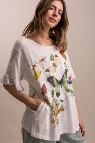 Botanical Butterfly Ruffle Sleeve Top