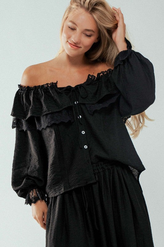 Black boho lace ruffle off-shoulder blouse with button-down front and billowy sleeves