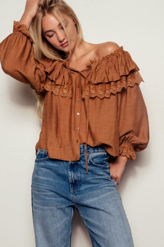 Brown lace ruffle off-shoulder blouse styled with Jeans