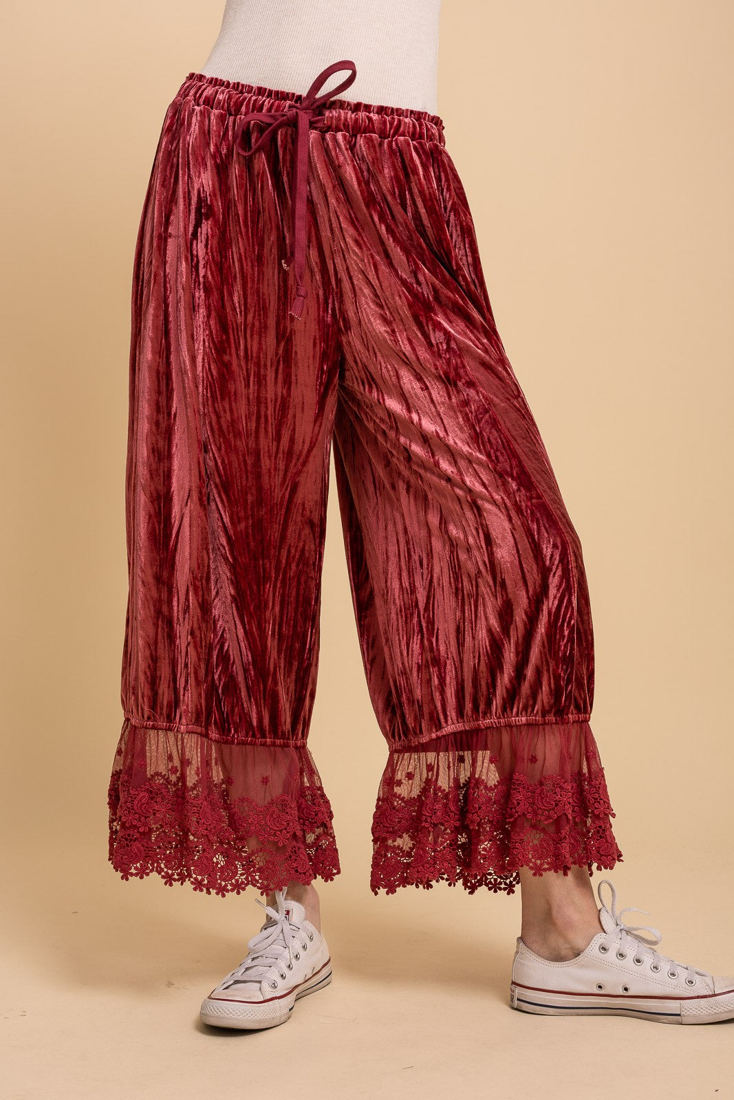 Crinkled Velvet Lace Ruffle Bloomer Pants