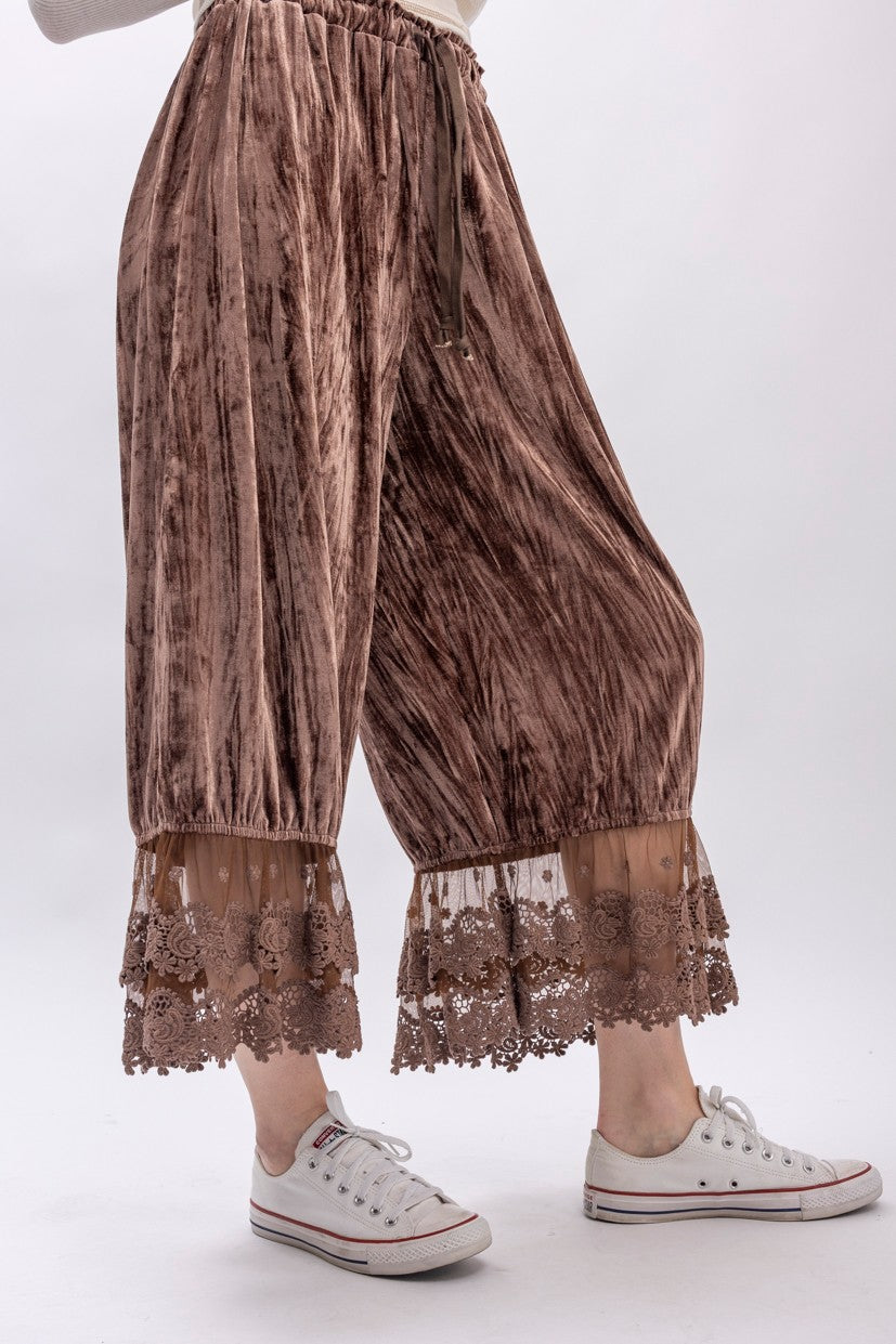 Crinkled Velvet Lace Ruffle Bloomer Pants