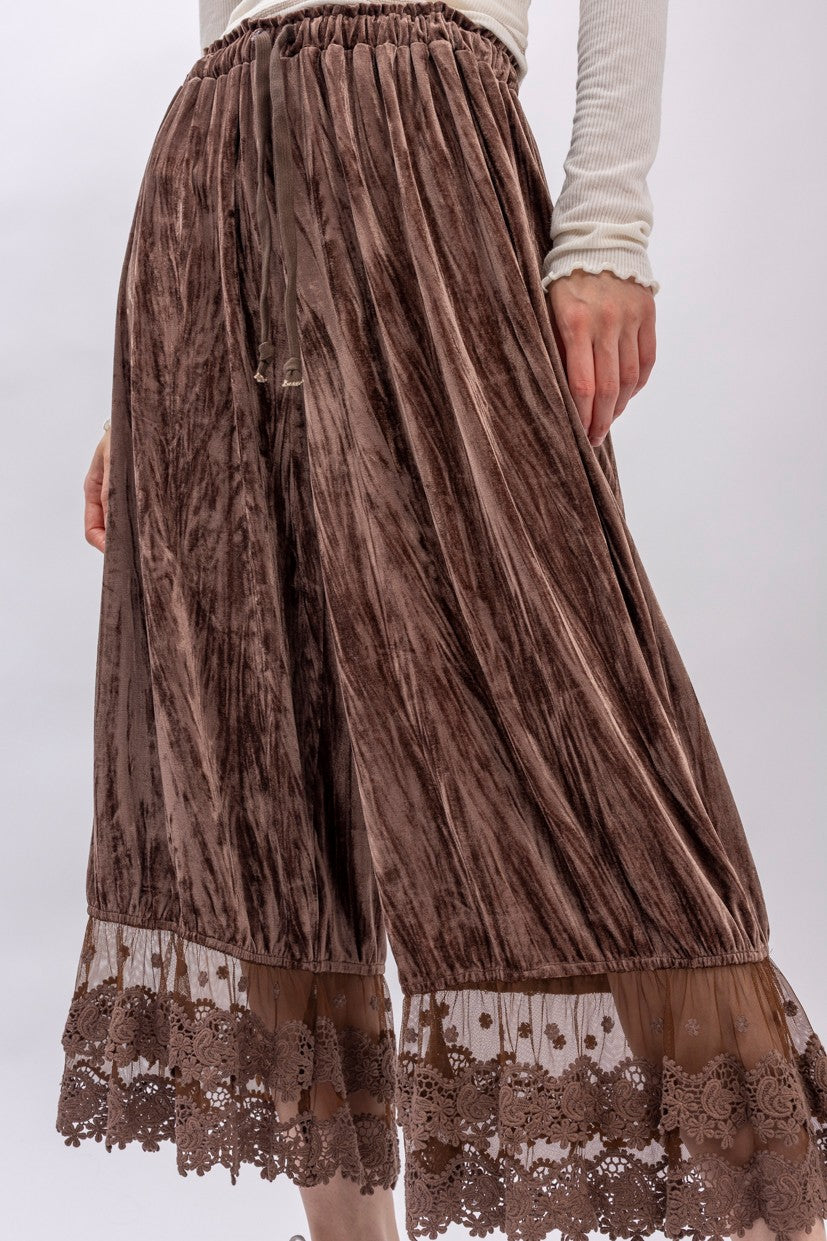 Crinkled Velvet Lace Ruffle Bloomer Pants