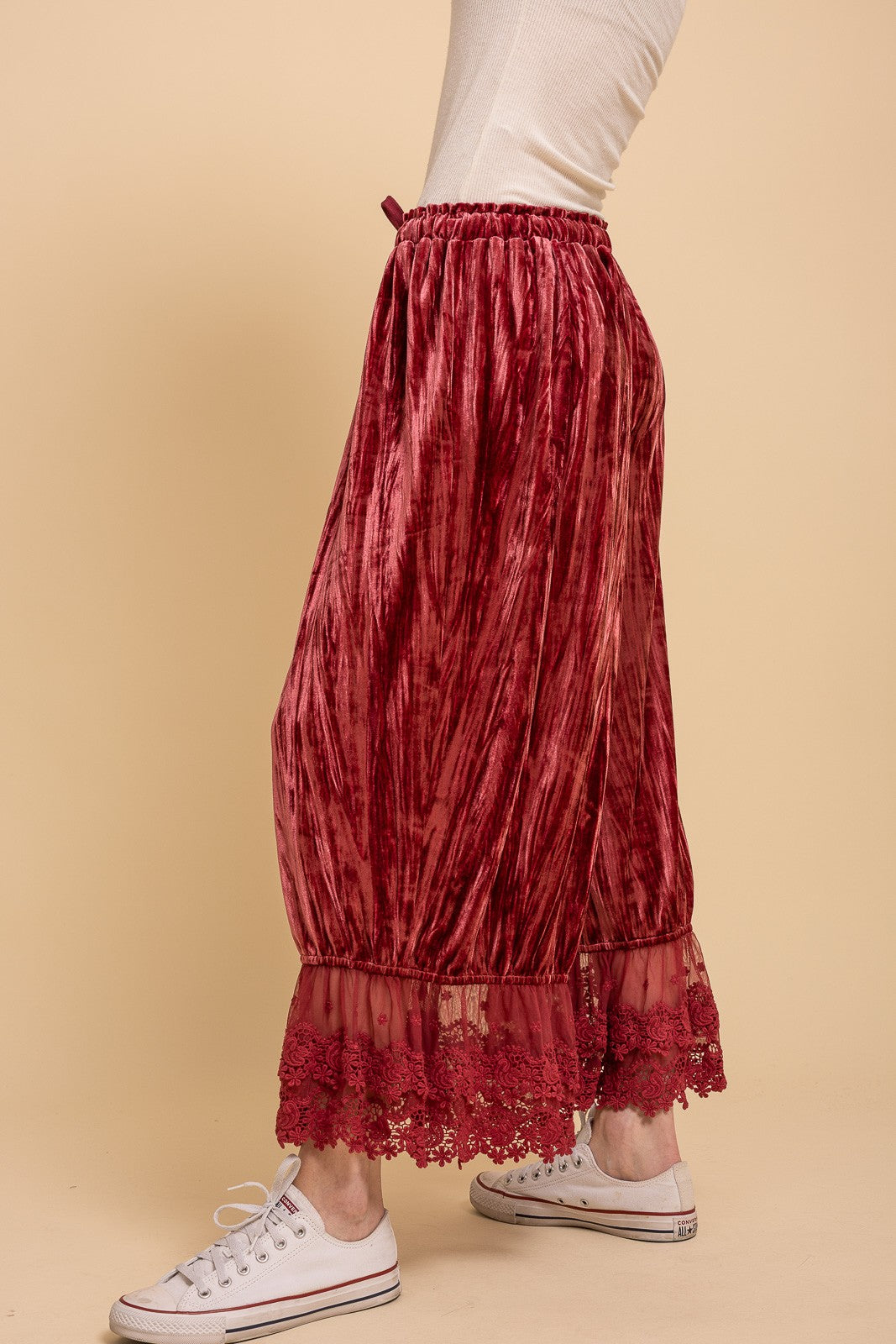 Crinkled Velvet Lace Ruffle Bloomer Pants