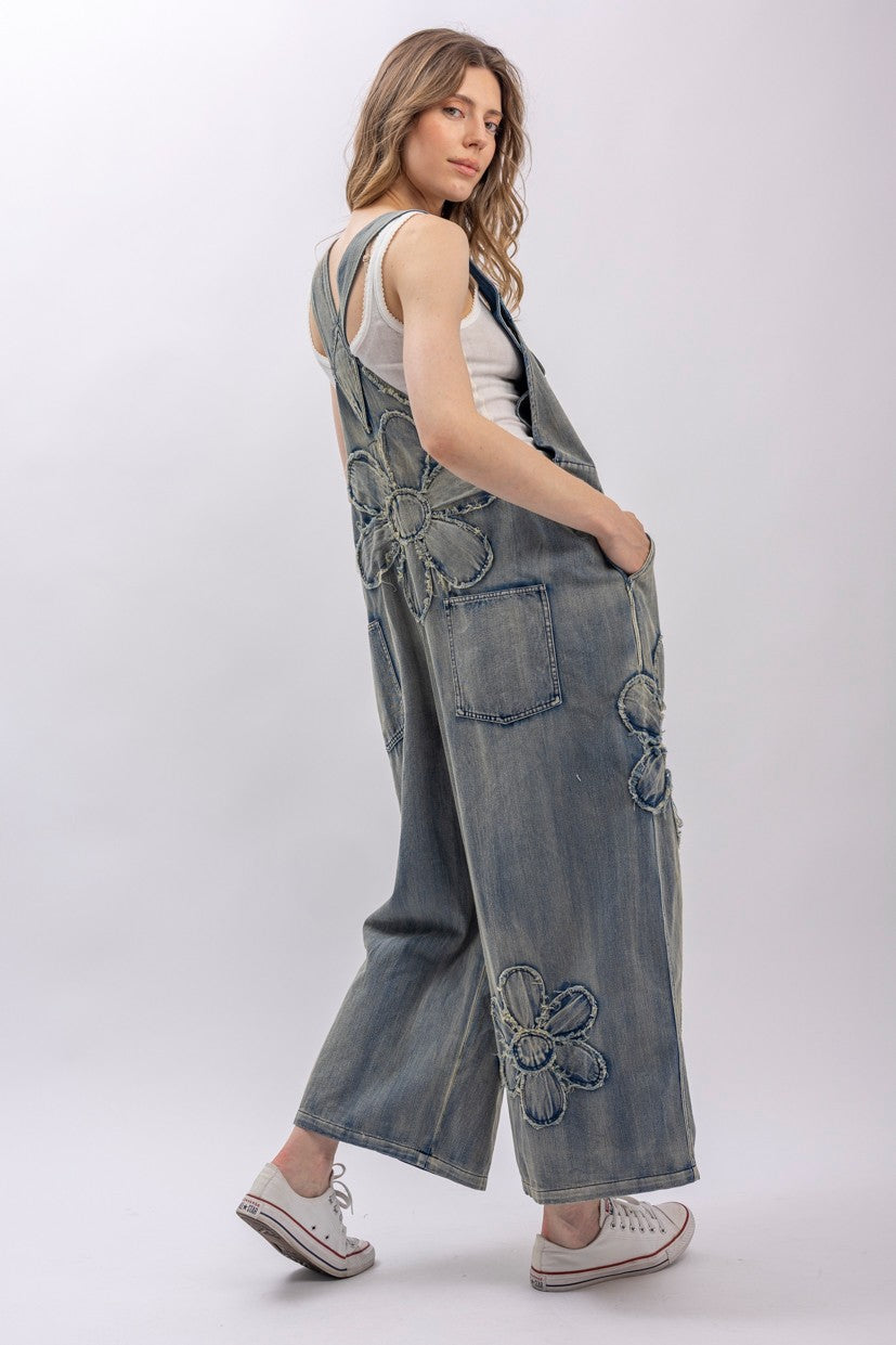 vintage wash, oversized daisy patchwork, wide-leg silhouette