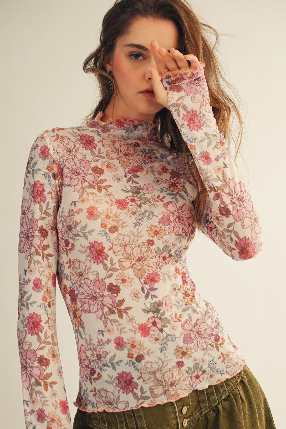 Petal Whisper Floral Mesh Thumbhole Top