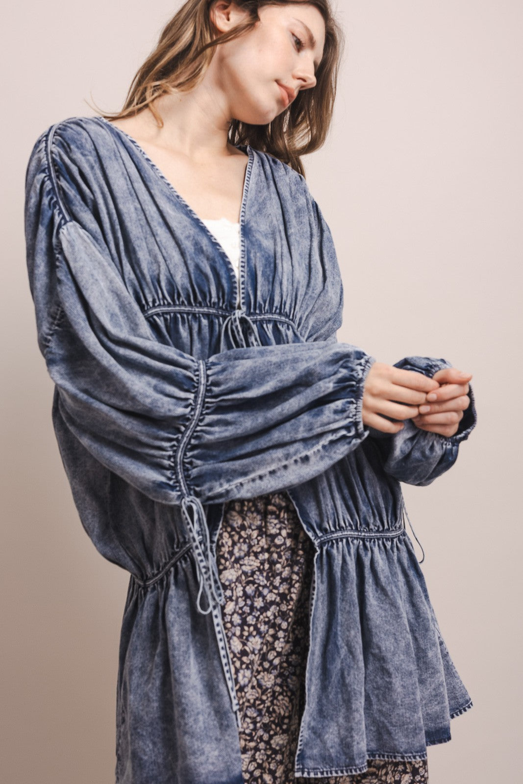 Washed Chambray Bubble Sleeve Duster