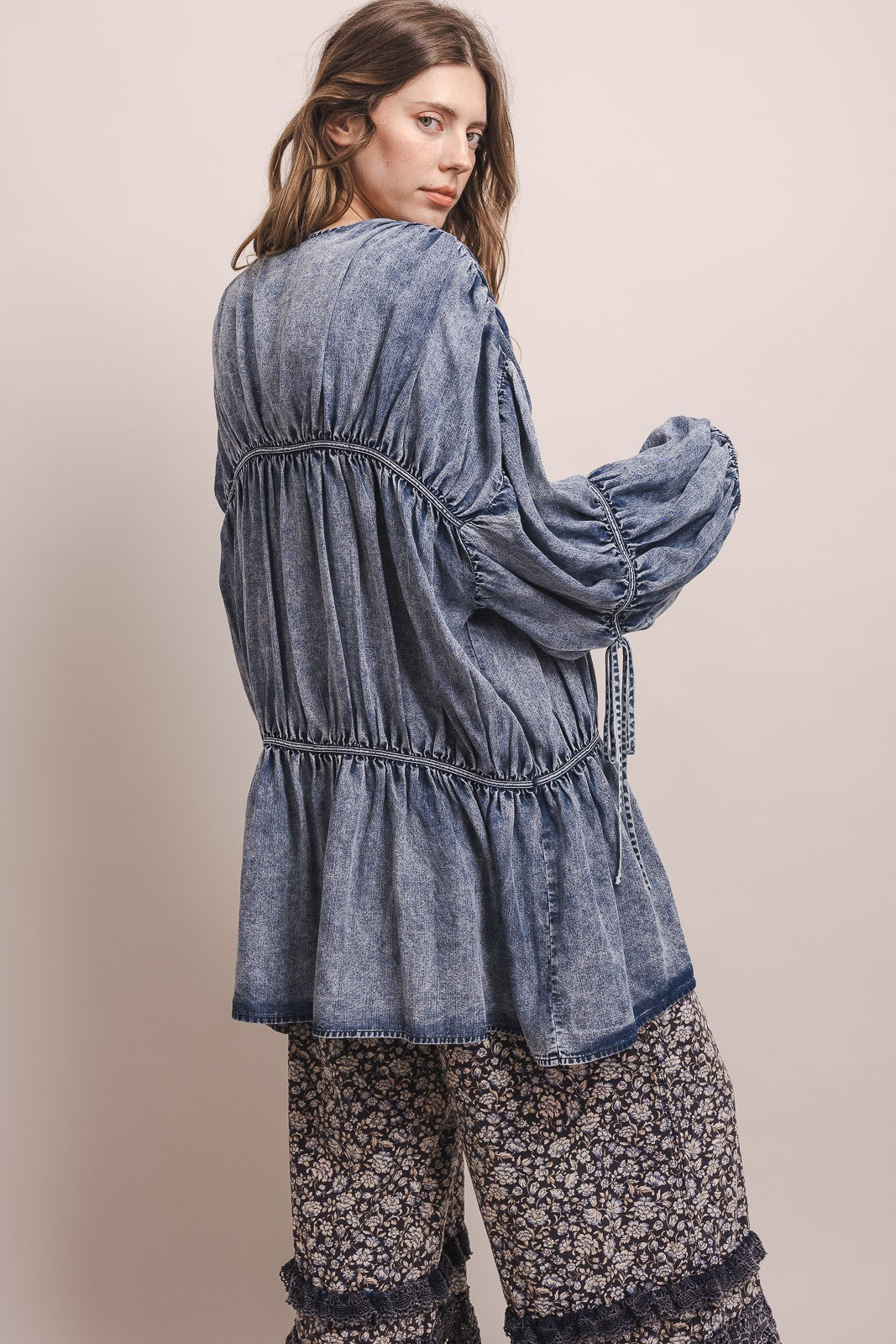 Washed Chambray Bubble Sleeve Duster