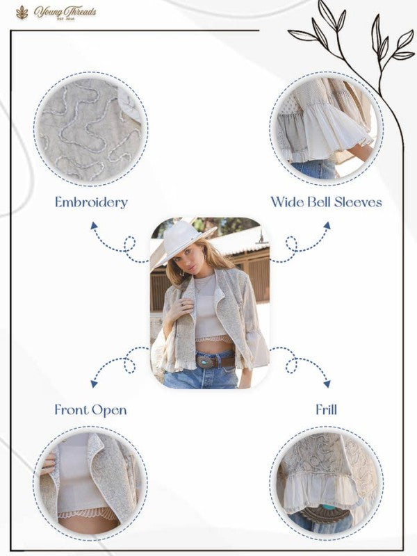 Product description card with images and text highlighting features of a garment.