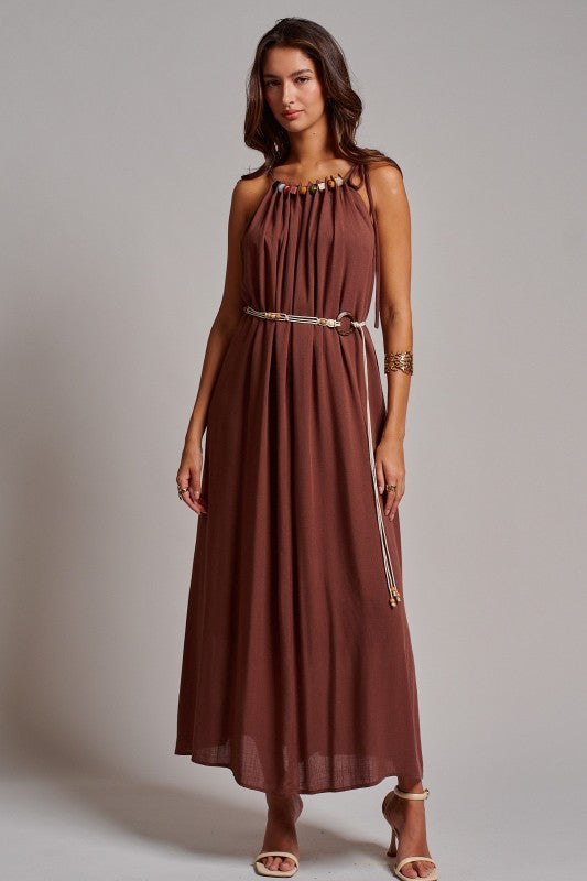 Beaded Halter Neck Linen Maxi Dress in light blue with multicolor bead neckline and rope belt, worn with strappy heels — Urban Daizy
