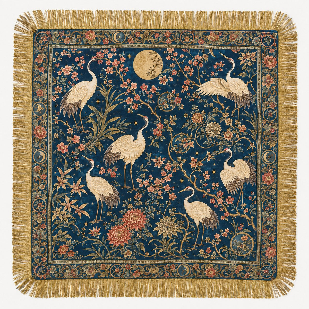 A square decorative textile or tapestry with fringe on all sides, featuring a dark navy blue background filled with white cranes, pink and orange flowers, green foliage, and a gold-toned moon in the upper center. The border includes ornate floral motifs and small celestial details.
