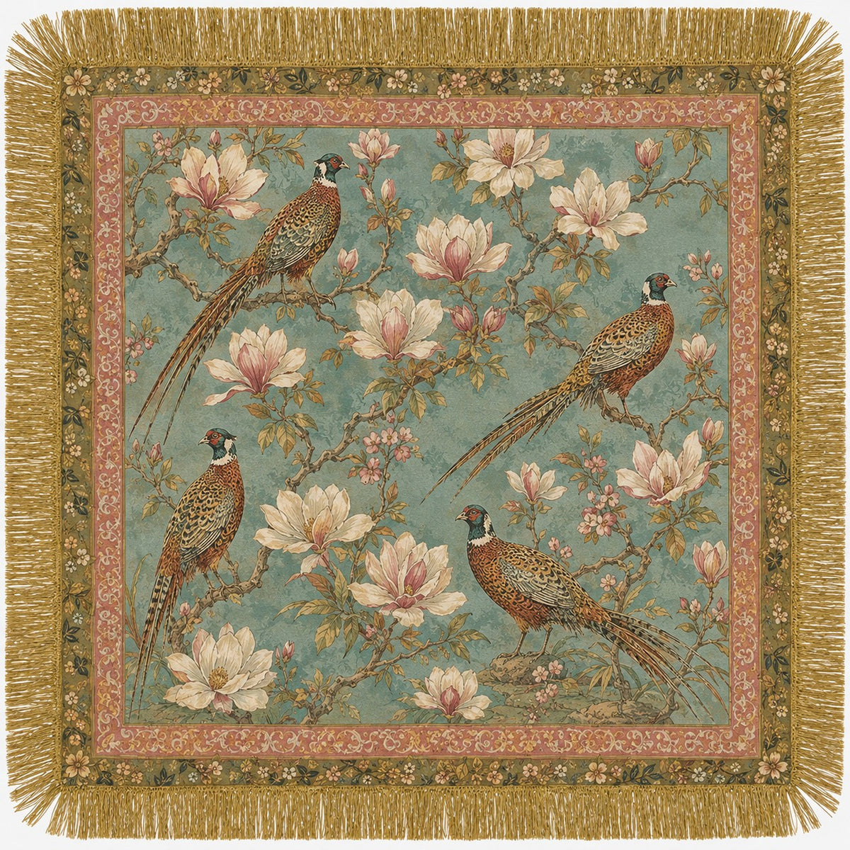 A square woven throw blanket with fringe, featuring a detailed pattern of pheasants, magnolia flowers, and branches on a muted teal background, surrounded by a pink floral border and gold fringe.