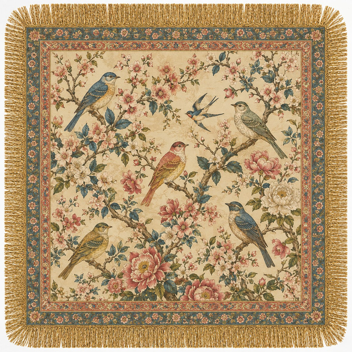 A square woven tapestry with fringed edges, featuring a vintage-style print of birds perched among flowering branches. The design includes bluebirds, a robin, and other birds among pink, peach, and white blossoms on a warm beige background, surrounded by a patterned border and gold-toned fringe.